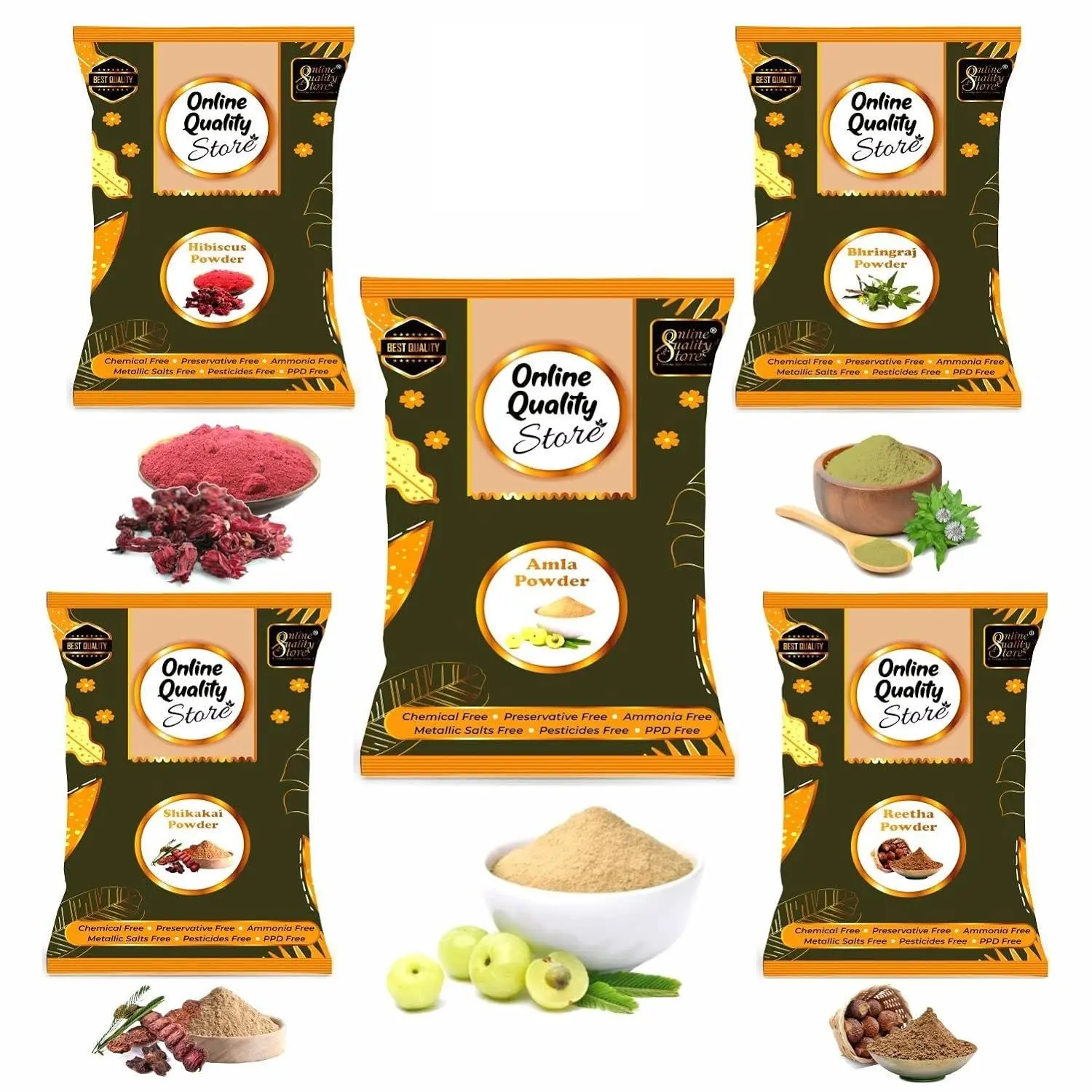 Online Quality Store Amla, Reetha, Shikakai, Bhringraj and Hibiscus Powder for Hair |hair pack powder combo |hair care products |Aritha|Ritha-(Pack of 5 ,Total 1900g Pack){hib_ala_rt_sika_bri_1900}