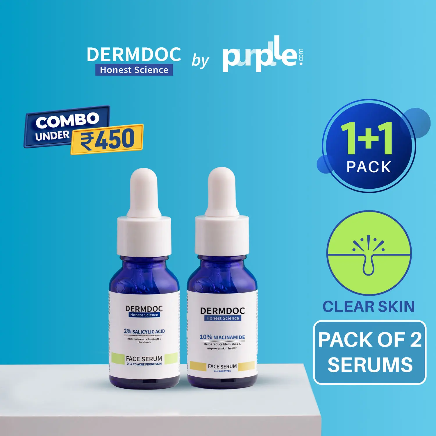 DERMDOC Combo Kit for Clear Skin | niacinamide serum | salicylic acid serum | For Oily & Acne Prone Skin | Reduces Acne & Blackheads | skin radiance face serum | skin brightening face serum