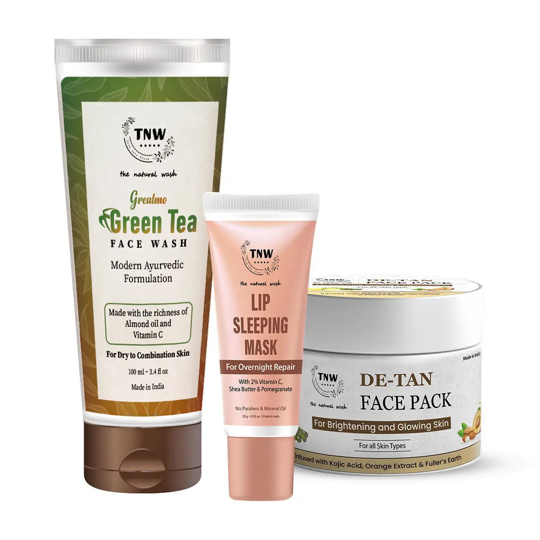 Combo of 3- Green Tea Face Wash 100ml + De Tan Pack 50gm + Lip Sleeping Mask 10g