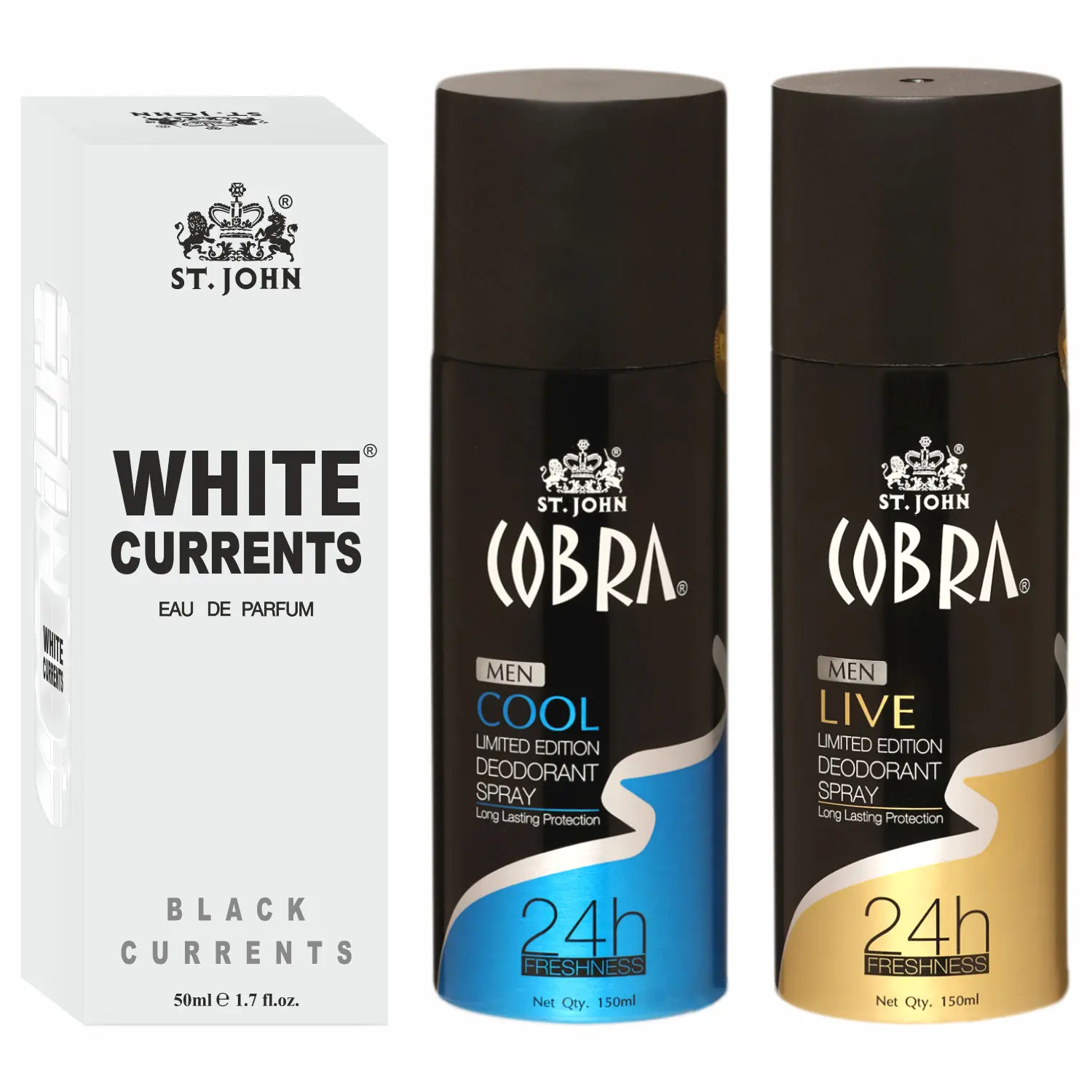 ST-JOHN Cobra Deodrant Cool & Live 150 ml each & White Current 50ml Perfume Combo Pack Perfume Body Spray - For Men & Women (350 ml, Pack of 3)