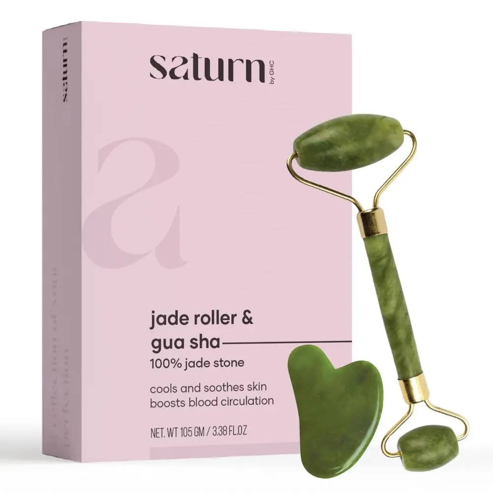 Saturn by GHC Jade Roller & Gua Sha Massage Kit made of Natural Jade Stone, That Improves Facial Micro Circulation, Reduces Puffiness & Wrinkles, Improves Skin Elasticity