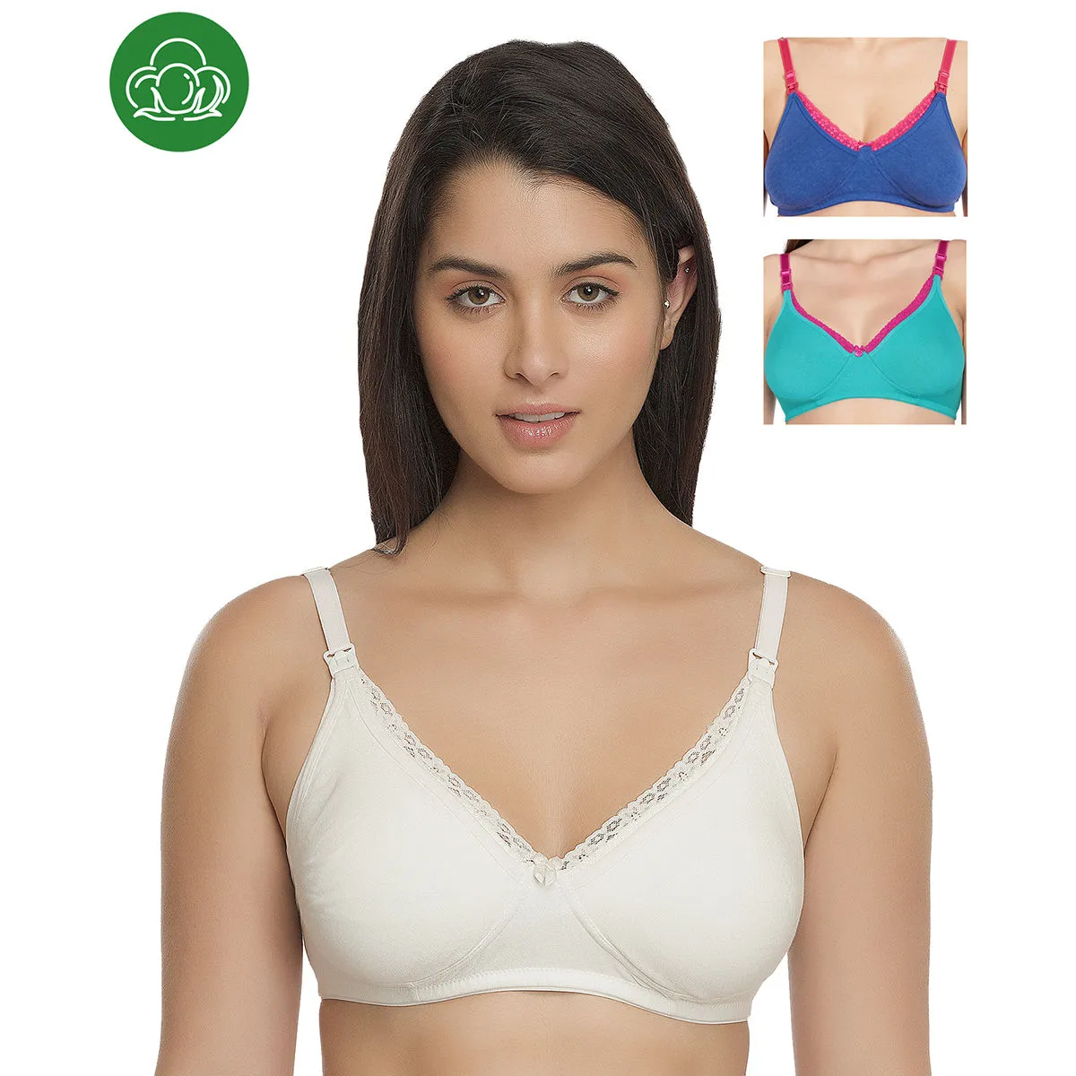 Inner Sense Organic Cotton Antimicrobial Laced Nursing Bra Pack of 3 - Multi-Color (38B)