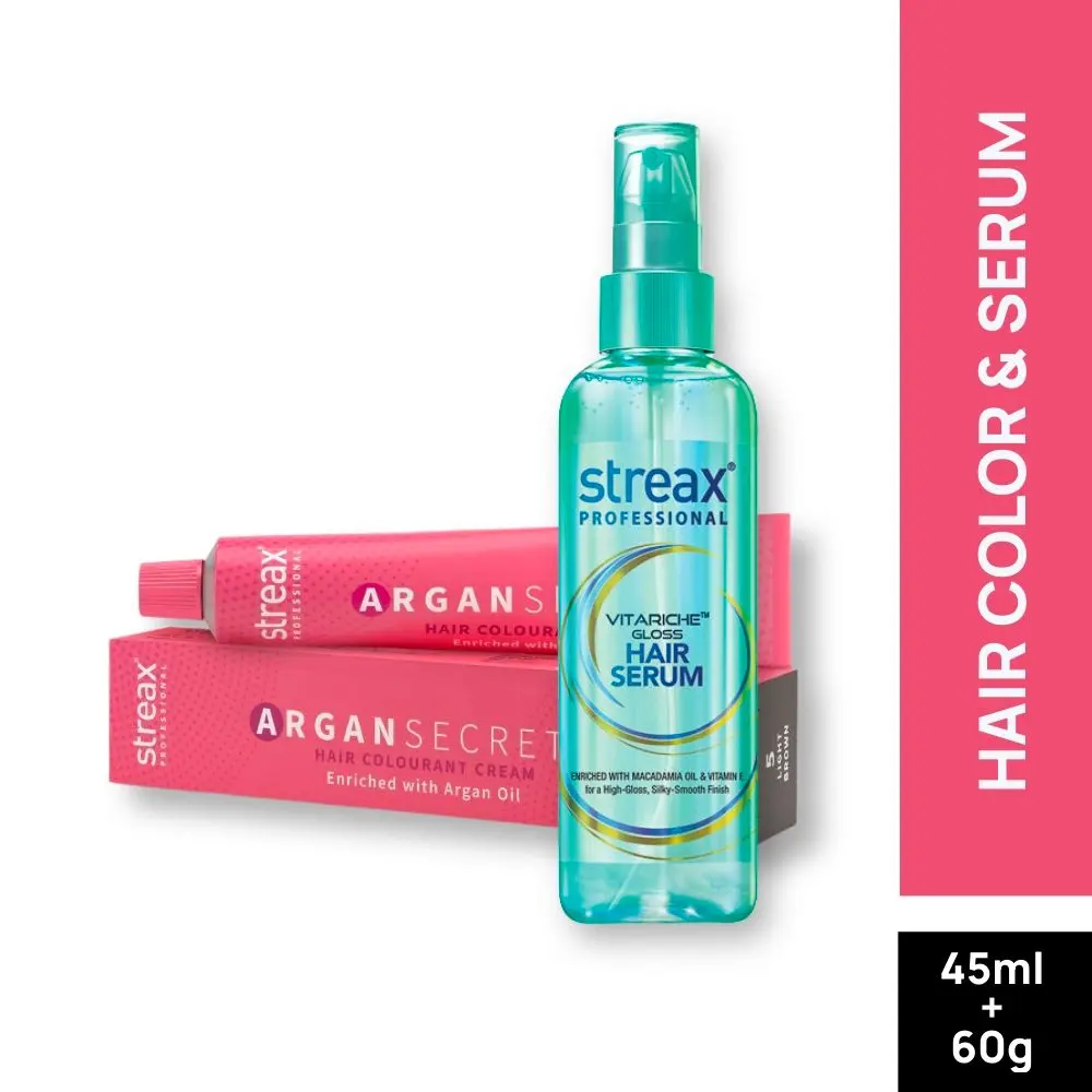 Streax Professional Vitariche Gloss Hair Serum + Argan Secret Hair Colourant Cream - Light Brown 5 (45 ml + 60 g )