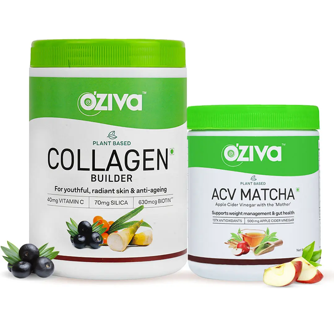 OZiva Pigmentation Control Pack (Plant Based Collagen Builder + Plant Based ACV Matcha)