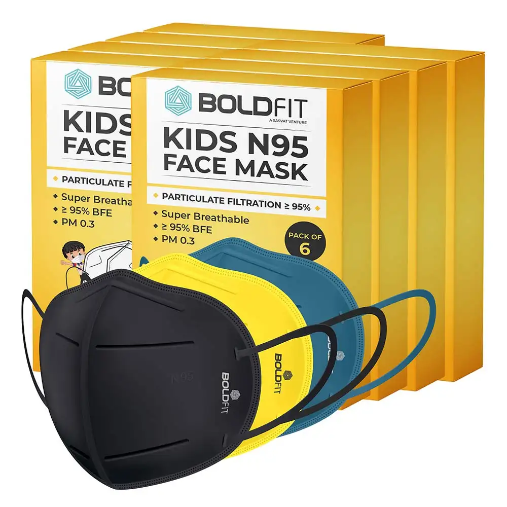 Boldfit N95 Face Mask for Kids,  Black, Blue, Yellow (Pack of 8)