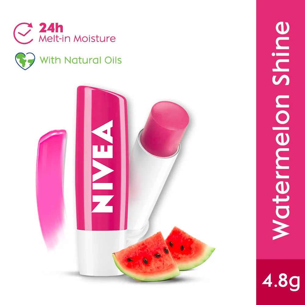 NIVEA Lip Balm, Watermelon Shine, 24h Moisture with Natural Oils, Pink Shine & Watermelon Aroma