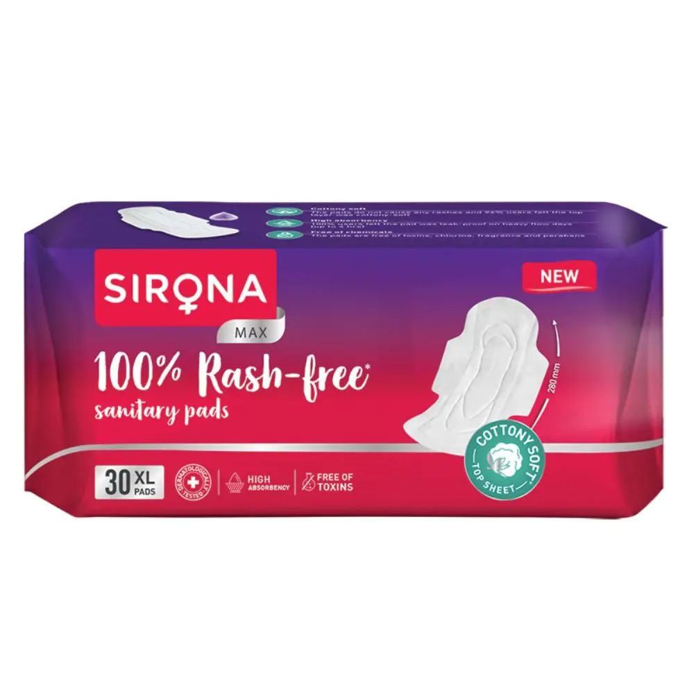 Sirona Cottony Soft Rash Free Sanitary Pads for Women - Pack of 30 (XL Size) | Highly Absorbency