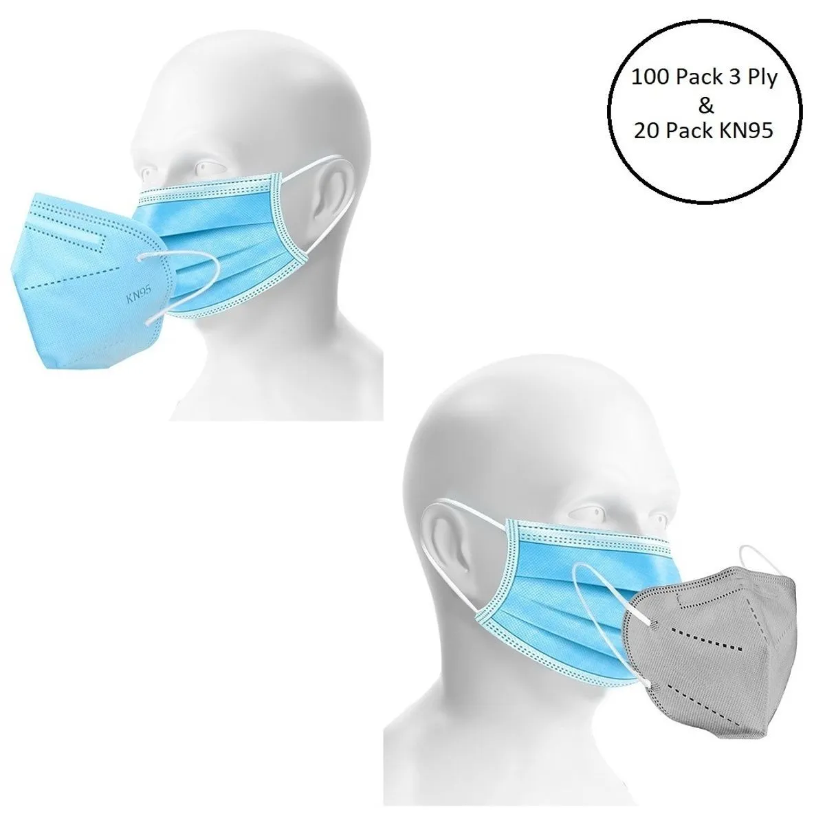 Fabula Unisex Double Mask Set Of 100 Disposable & 20 KN95 / N95 Masks (Blue, Grey )