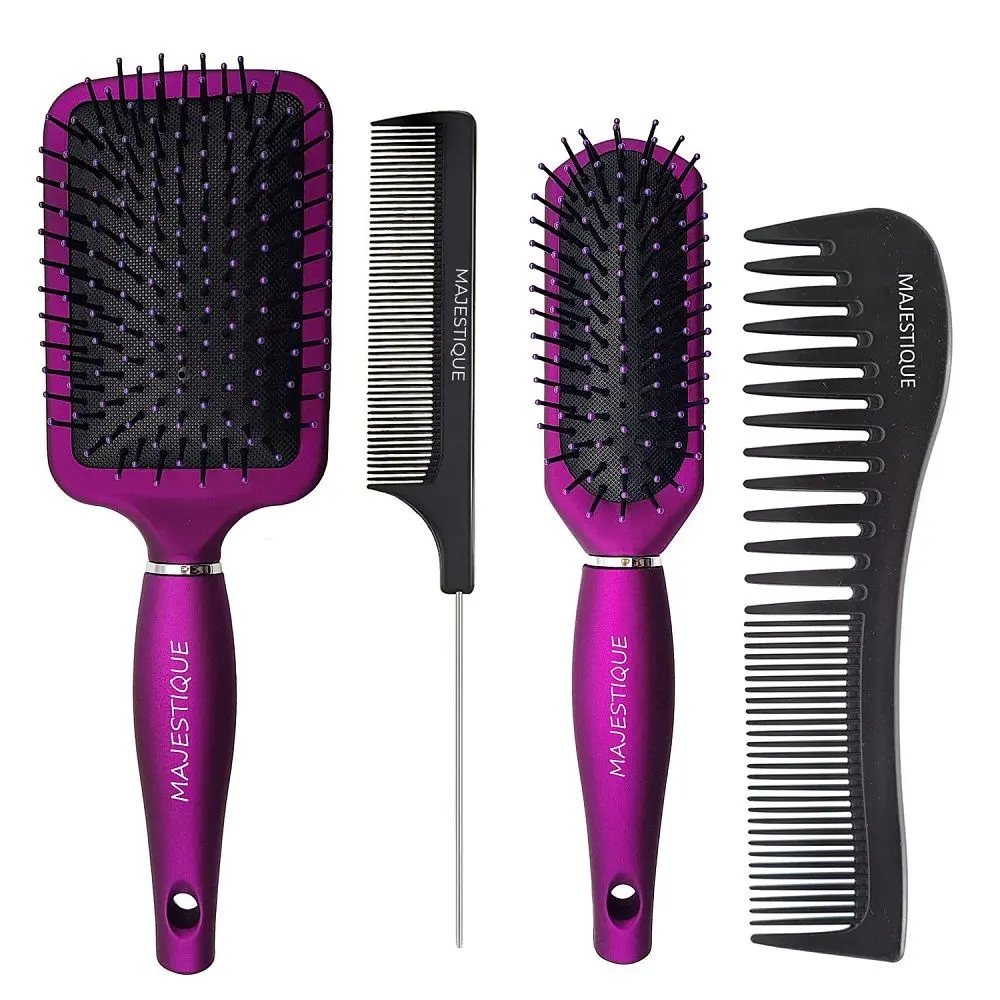 Majestique Hair Brush Set - Paddle, Styling, Tail Comb & Wide Tooth Comb for Women & Men, Great on Wet or Dry Hair -Purple