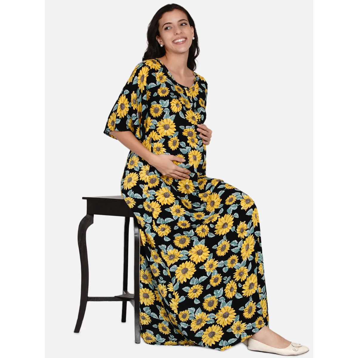 The Kaftan Company Black Sunflower Maternity Dress Black (XL)