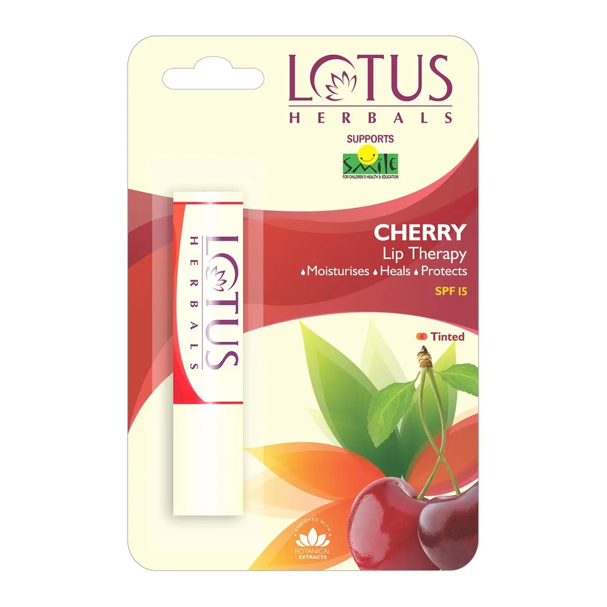 Lotus Herbals Lip Therapy Tinted Lip Balm - Cherry | SPF 15 | Moisturises, Heals & Protects Lips | 4g