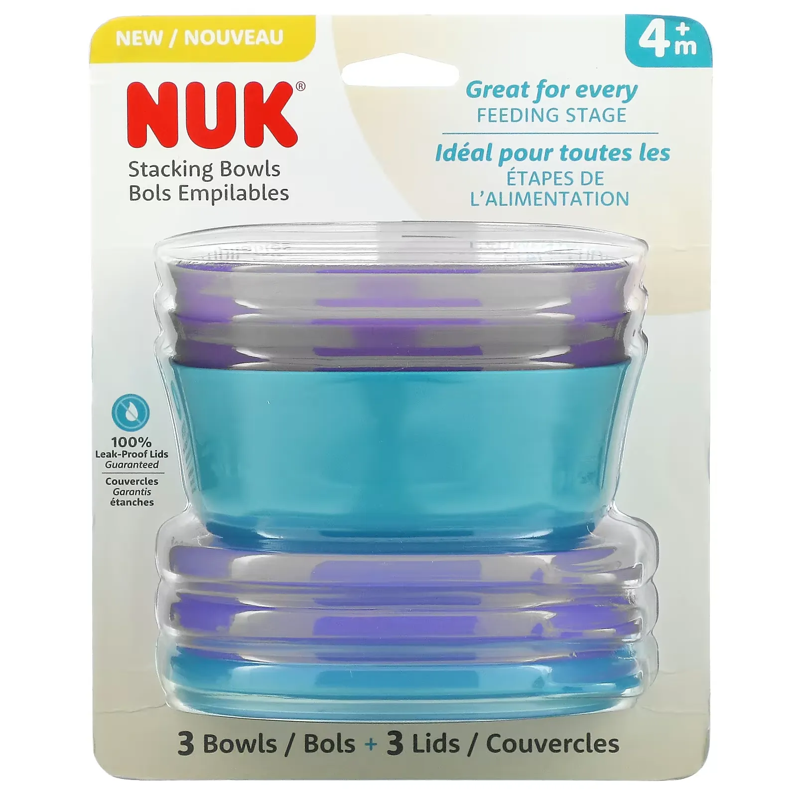 Stacking Bowls, 4+ Months, Purple & Teal, 3 Bowls + 3 Lids