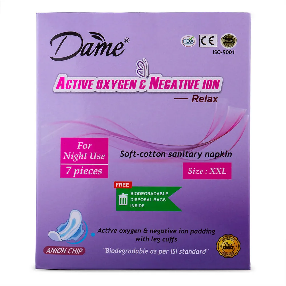 Dame Active Oxygen & Negative Ion Sanitary Napkins For Night Use, XXL