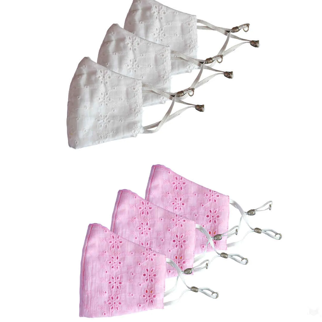 Bellofox White Chikan And Light Pink Chikan Face Mask (Set Of 6)