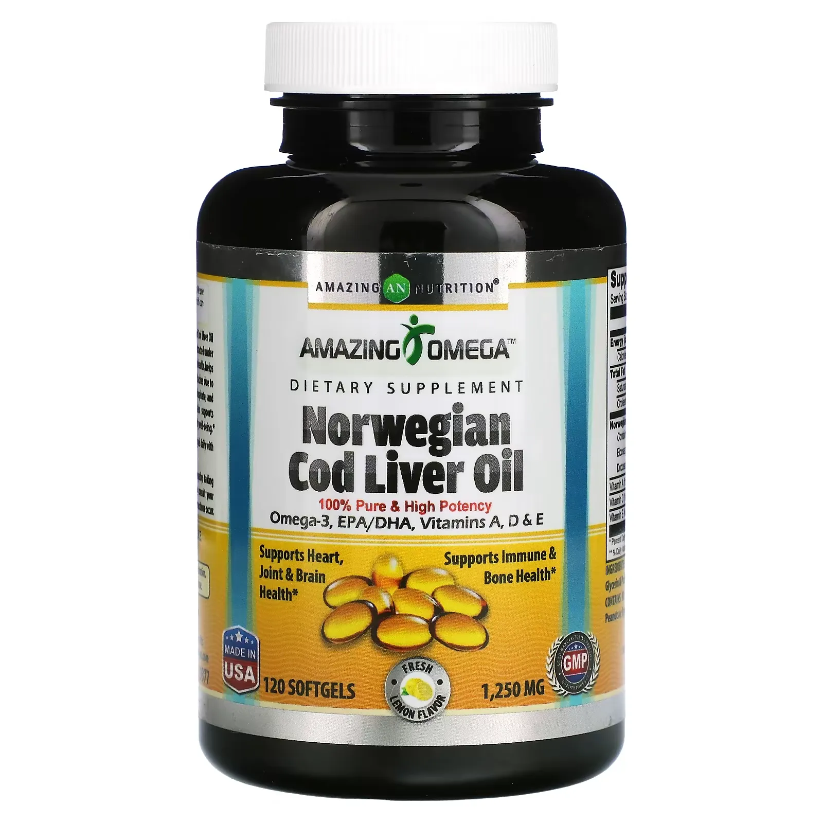 Norwegian Cod Liver Oil, Lemon, 1,250 mg, 120 Softgels