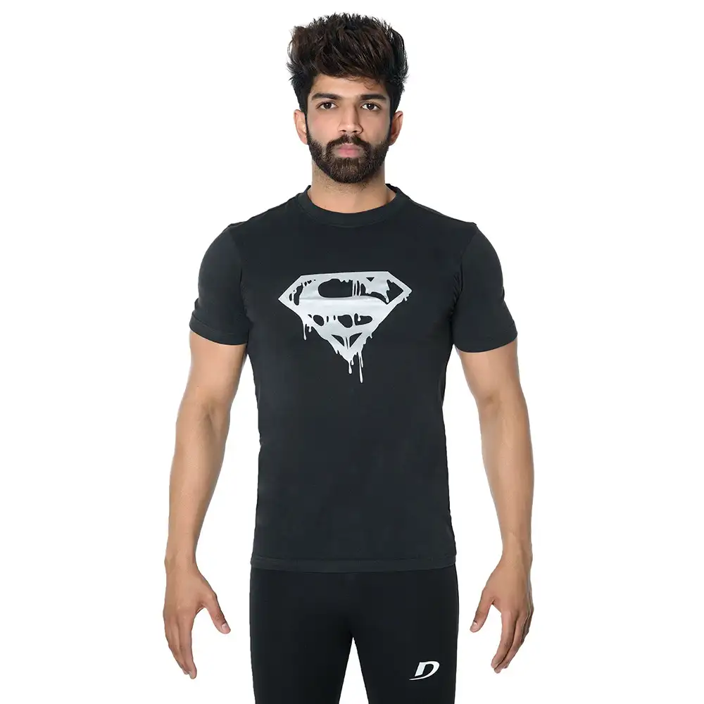 DK Active Wear Half Sleeve Gym T Shirt (Superman),  Black and Silver  Large