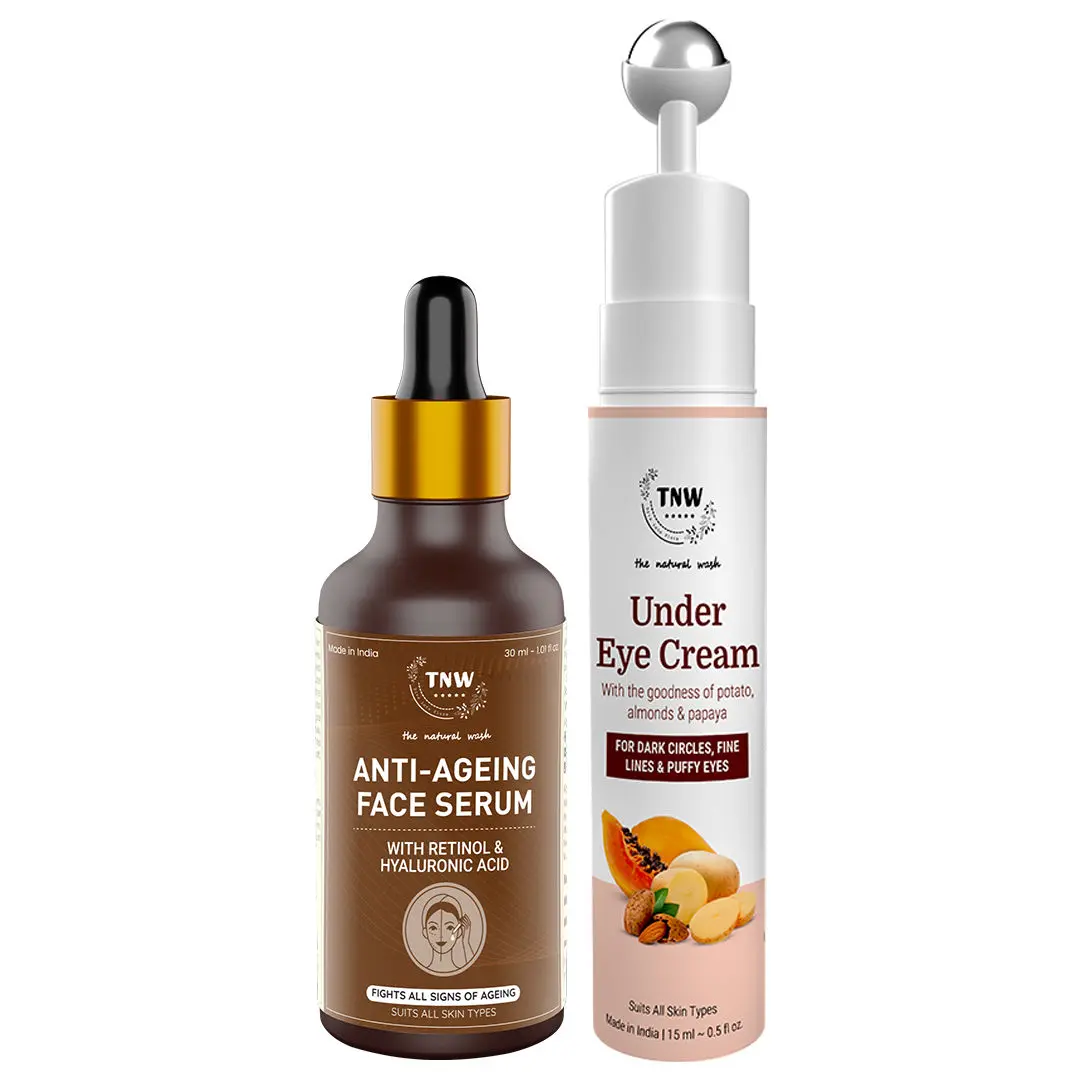TNW-The Natural Wash Combo of Anti Ageing Serum & Under Eye Cream | Retinol Serum With Hyaluronic Acid For Spotless Glowing Skin 30 ML |Eye Cream With Massage Roller For Dark Circles,Fine Lines-15 ML