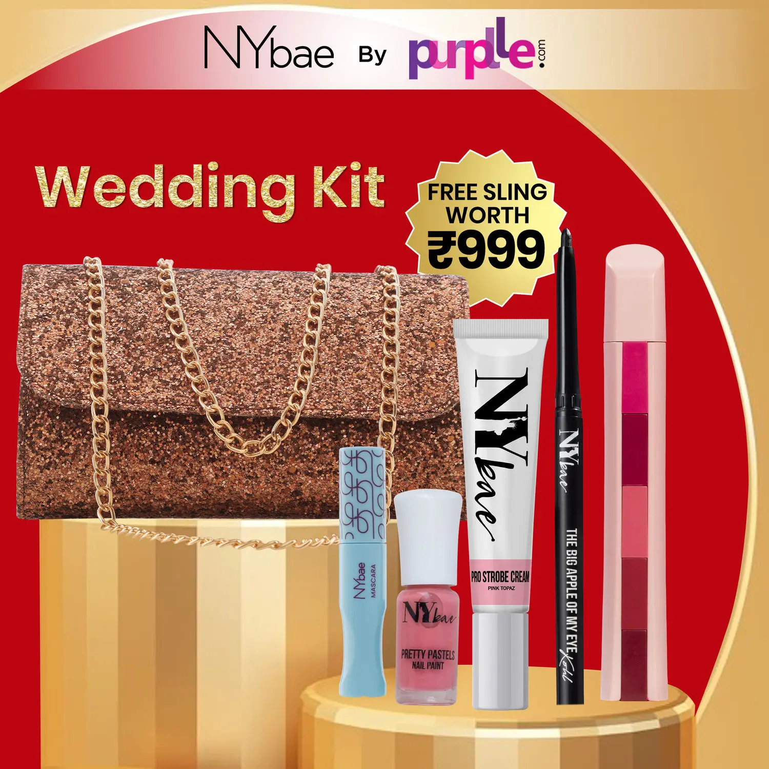 NY Bae By Purplle - Wedding Kit | Free Bag | Strobe Cream | Kajal | 5in1 Lipstick | Mascara | Nail Polish | Korean Beauty | Makeup Kit