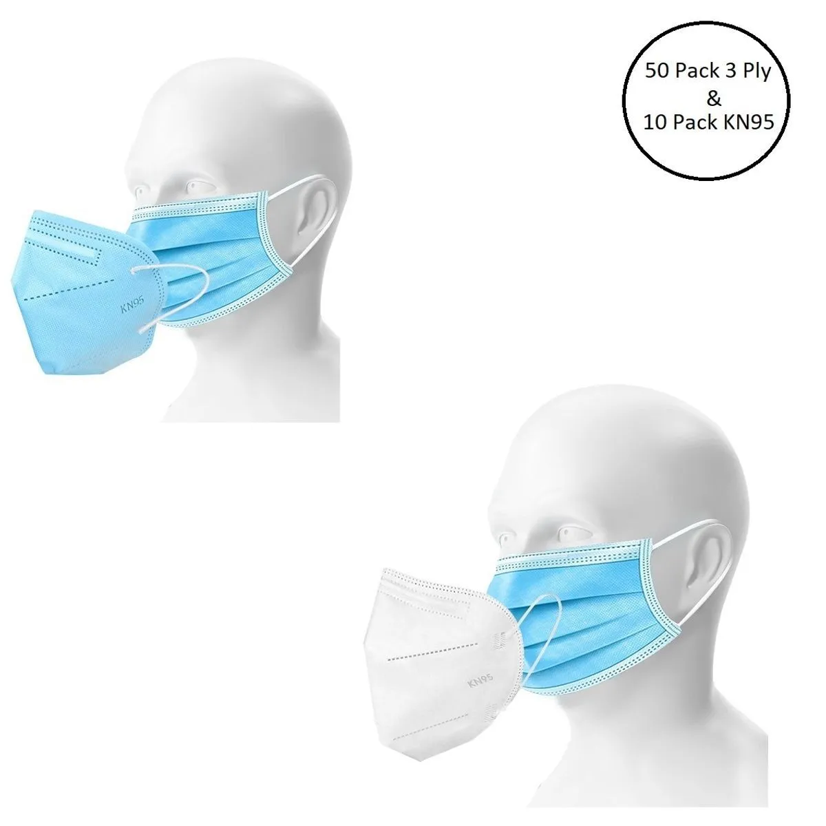 OOMPH Unisex Double Mask Set Of 50 Disposable & 10 KN95 / N95 Masks (Blue, White )