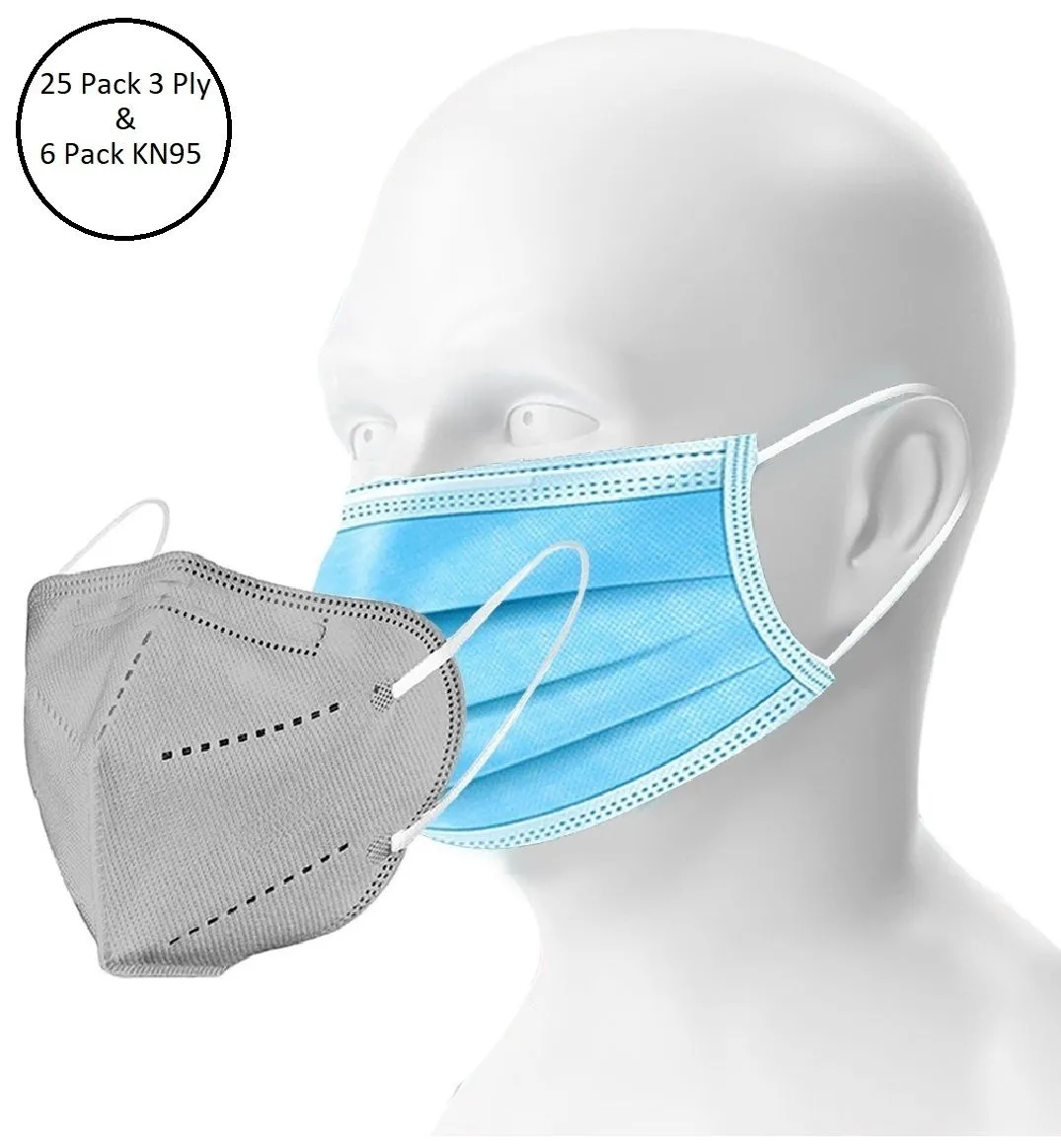 OOMPH Unisex Double Mask Set Of 25 Disposable & 6 KN95 / N95 Masks (Blue, Grey)