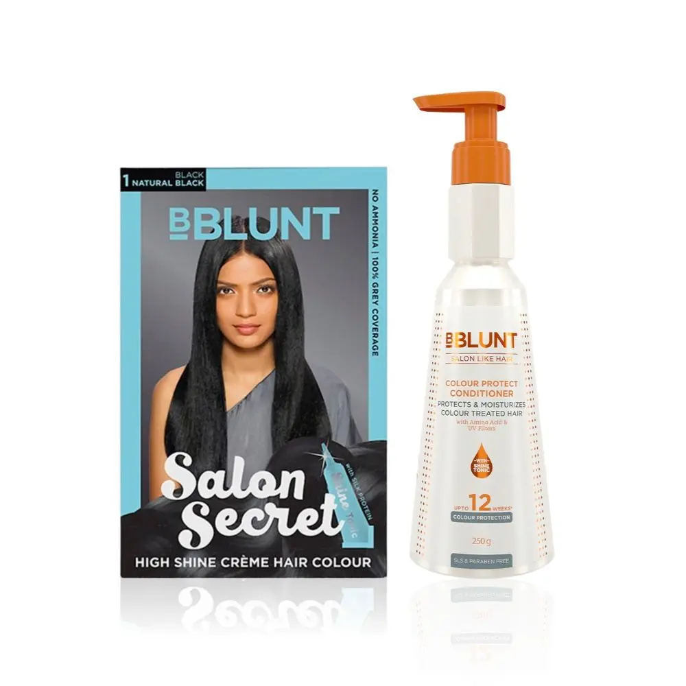 BBLUNT Salon Secret High Shine Creme Hair Colour Natural Black 1 (100 g) With Shine Tonic (8 ml)+BBLUNT Colour Protect Conditioner- 250 g