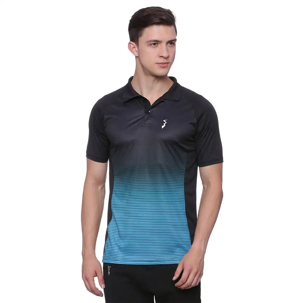 Campus Sutra Stripes Men Polo Neck T Shirt,  Blue & Black  Medium