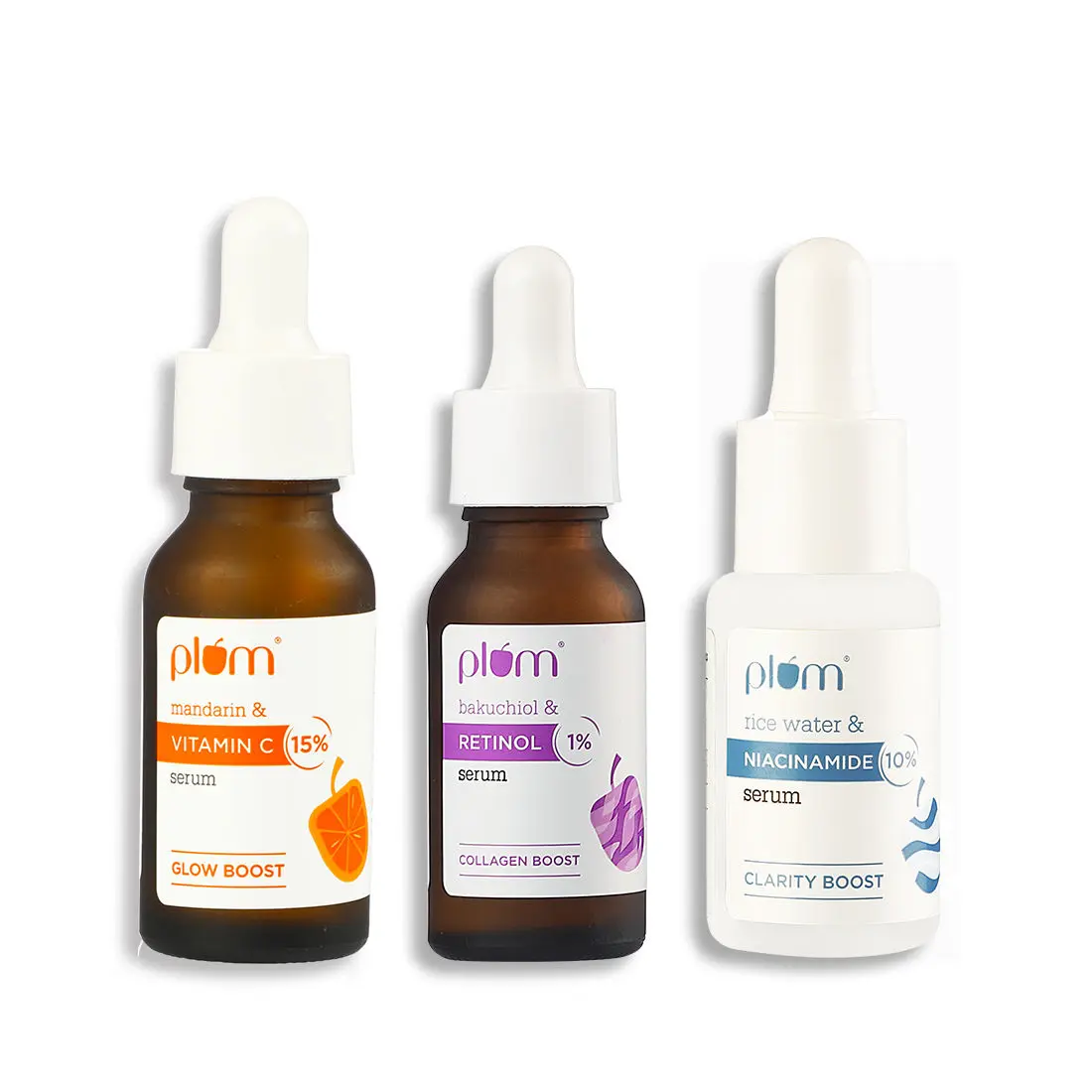 Plum Glow, Bright & Renew Serum Trio - 15% Vitamin C Face Serum + 10% Niacinamide Face Serum + 1% Retinol Face Serum