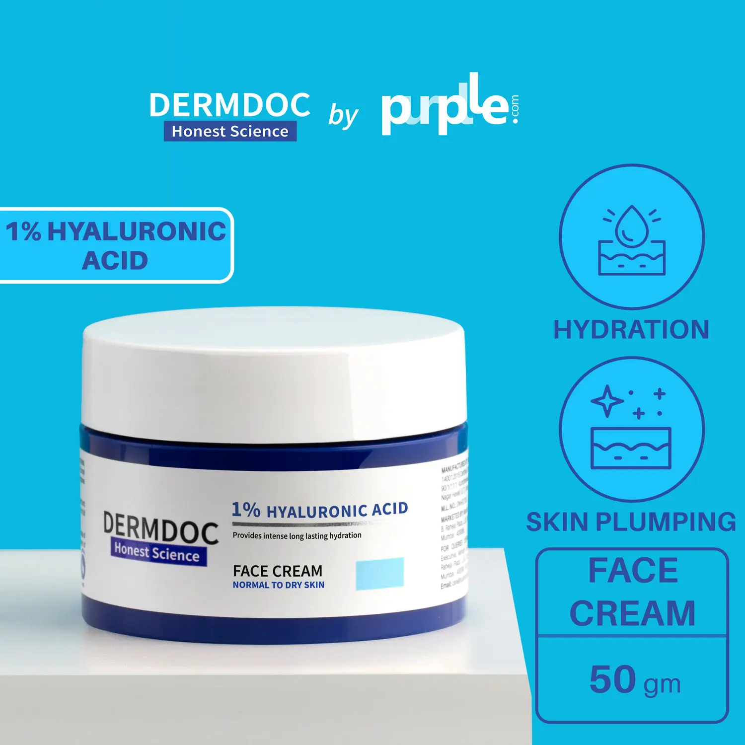 DERMDOC by Purplle 1% Pure Hyaluronic Acid Moisturizing Face Cream (50g) | hyaluronic acid moisturizer | hyaluronic acid cream | moisturizer for dry skin | daily use cream for dry skin