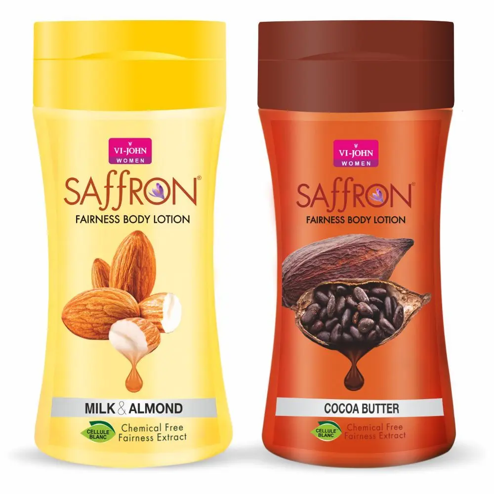 VI - JOHN Women Milk Almond And Cocoa Butter Skin -Ageing Non greasy Chemical Free Fairness Extract Saffron Fairness Body Lotion , moisturizes skin upto 48 hour(pack of 2,250 Ml Each)