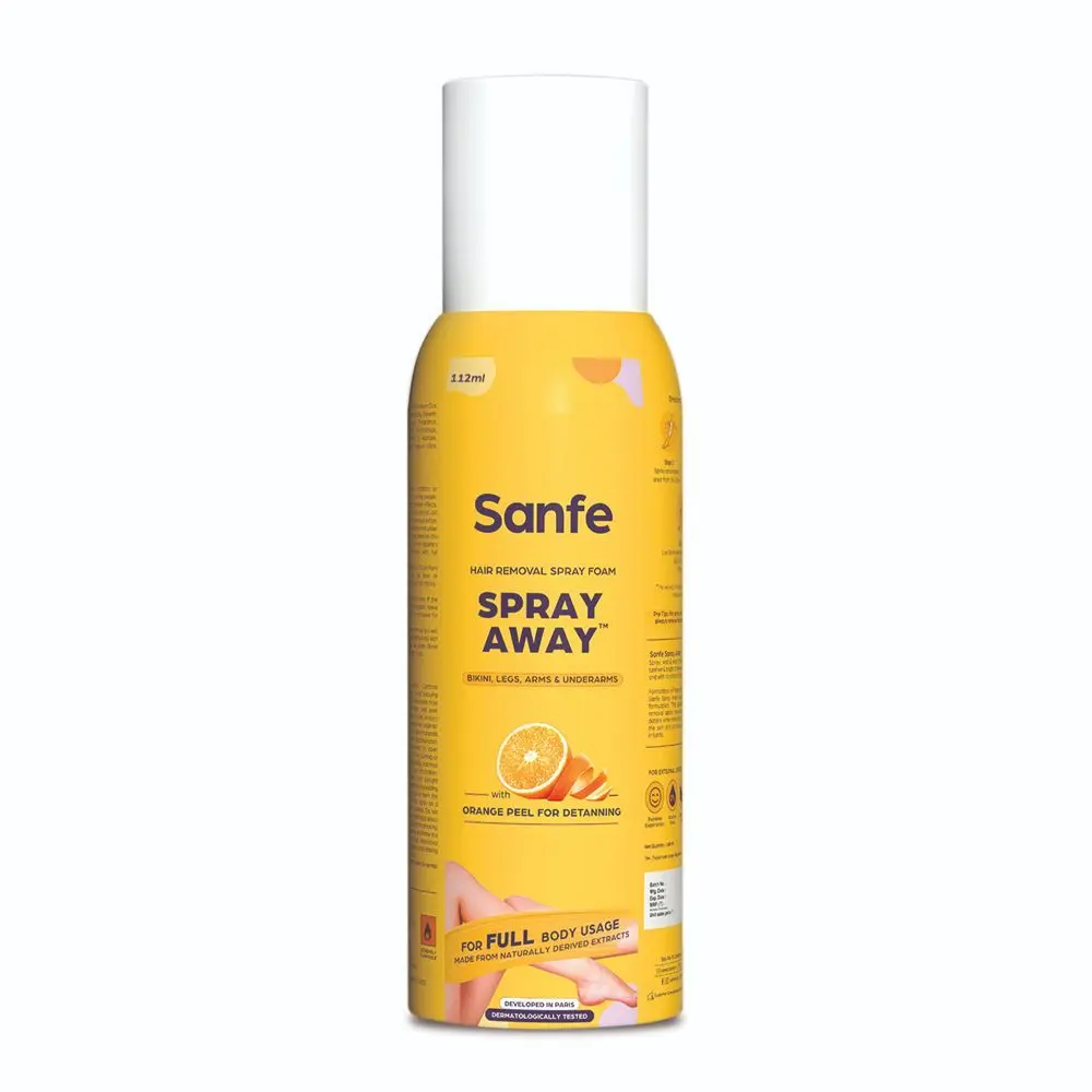 Sanfe Painless & Detan Hair Removal Spray Crean - 112ml | For Chest, Legs, Arms & UnderArm | Removes Hair in 10 Minutes with Skin Detan | Orange Peel, Aloevera, Vitamin E & Niacinamide