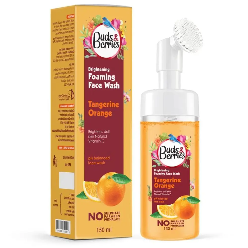 Buds & Berries Brightening Vitamin C Tangerine Foaming Face Wash with Built-In Soft Silicone Brush | pH Balanced Gentle Face Wash | No Sulphate, No Paraben (150ml)