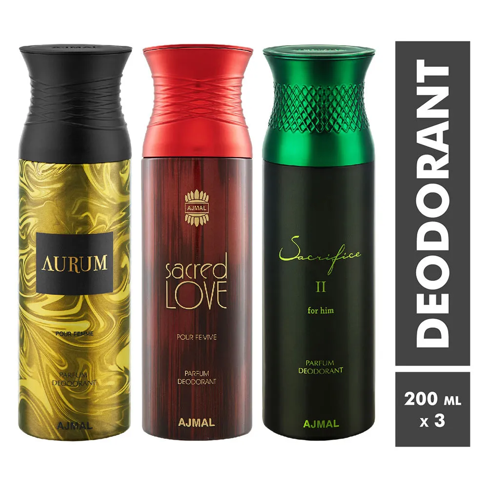 Ajmal Aurum, Sacred Love & Sacrifice II Parfum Deodorant For Men and Women - Pack Of 3