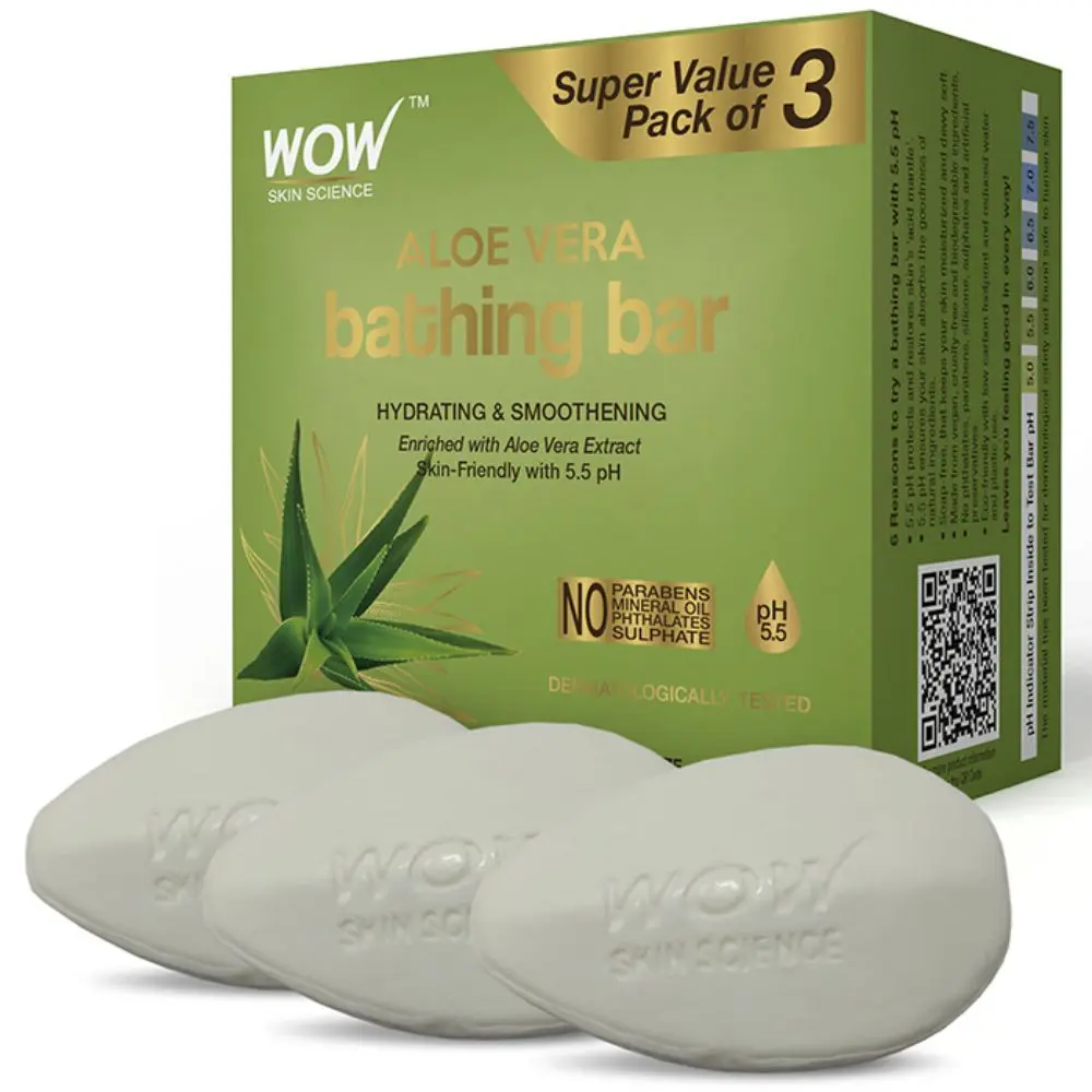 WOW Skin Science Aloe Vera Bathing Bar For Skin Hydration and Smoothening - Suits All Skin Types, NO Phthalates, Parabens, Silicone, Sulphates, and Artificial Preservatives - 225g