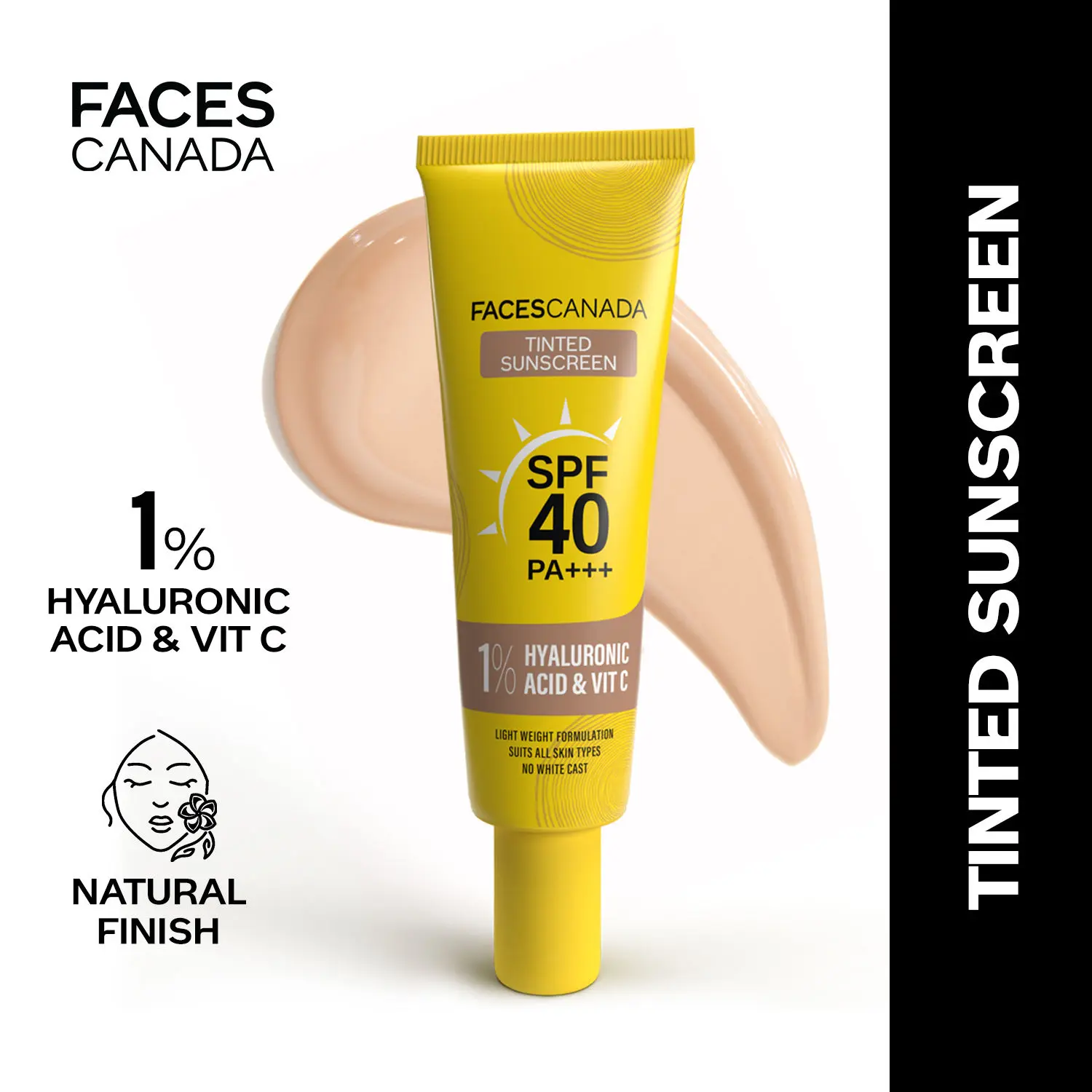 FACES CANADA Tinted Sunscreen 30ml I 1% Hyaluronic Acid I Vitamin C I SPF 40 I PA+++I No White Cast I Olive Squalane I Aloe Vera Extract I Allantoin I Cruelty-free I Vegan I Paraben-free I Alcohol-free