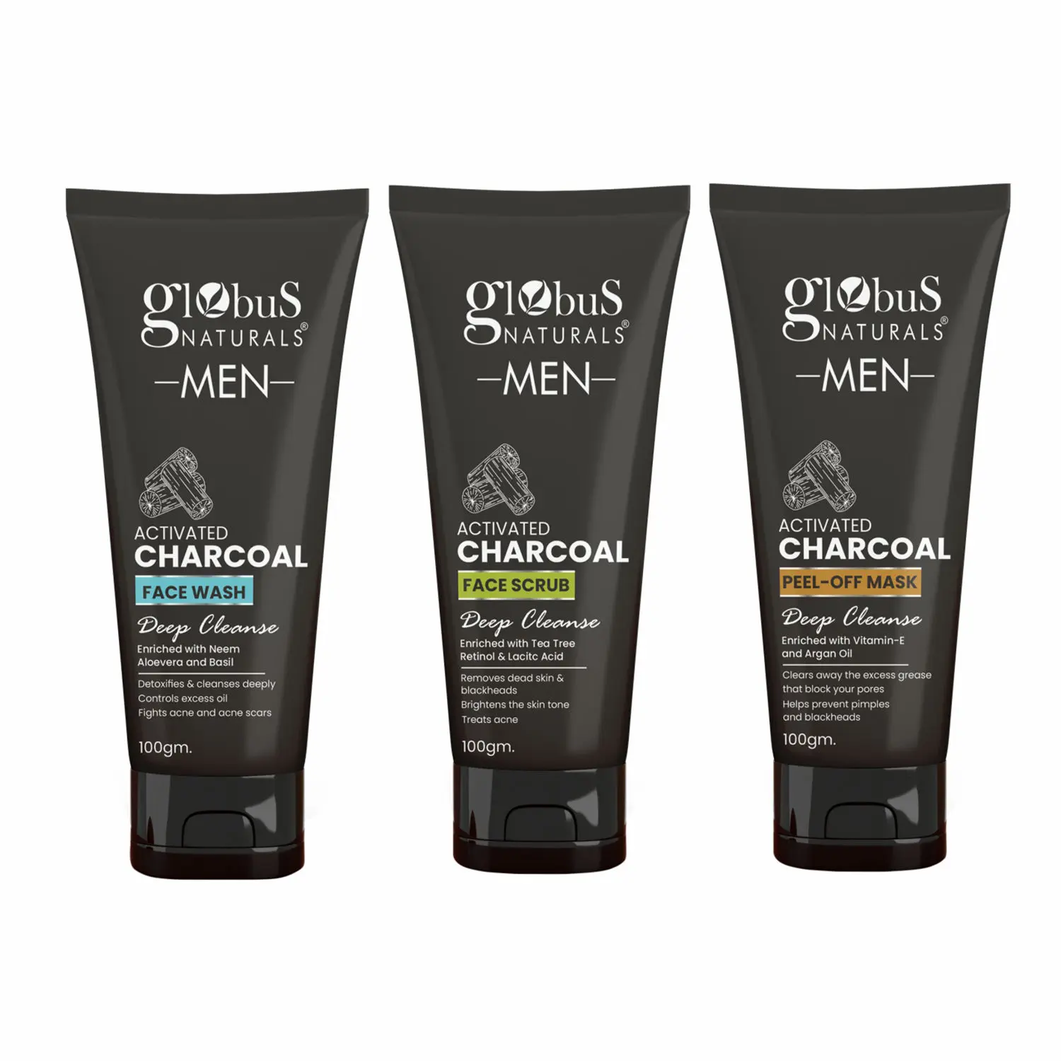 Globus Naturals Charcoal Anti-Pollution Face Care Combo For Men, Set of 3 - Face Wash, Face Scrub, Peel Off Mask