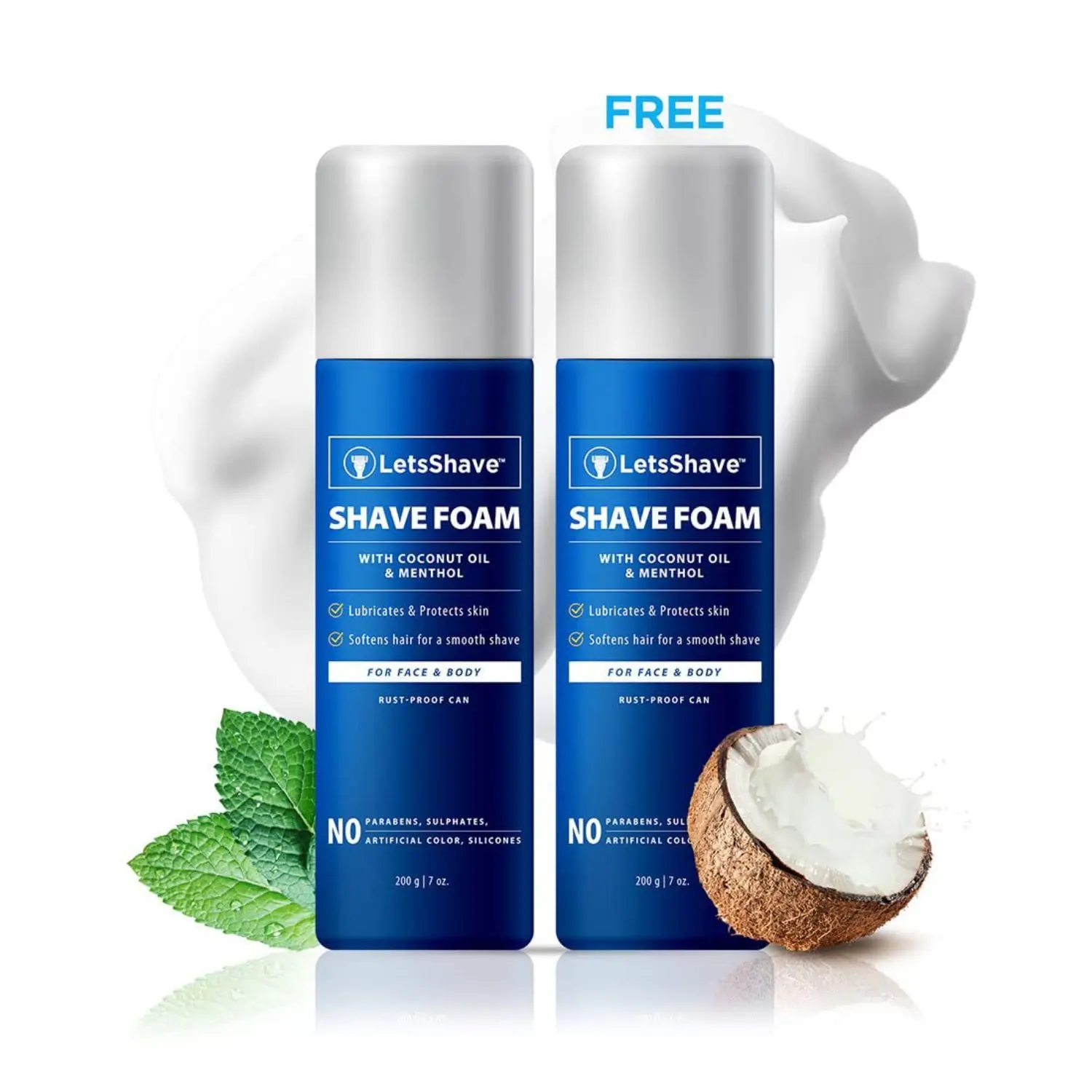 LetsShave Shave Foam Sensitive Skin Protection with Coconut Oil and Menthol, Paraben and Sulphate Free | Rust-Proof Aluminium Bottle - 200 gram Each, Pack of 2 (2-Count)