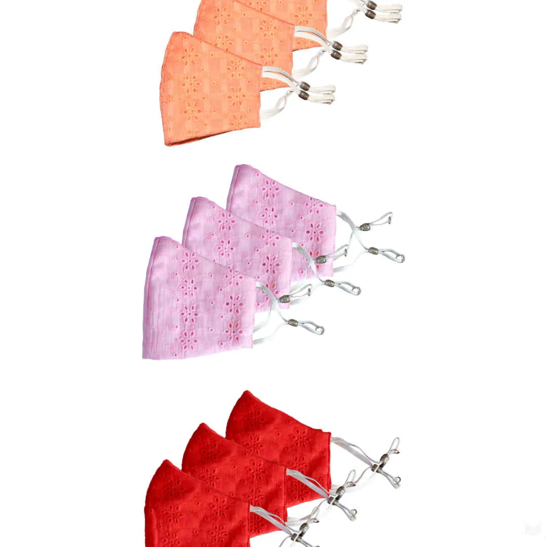 Bellofox Peach Chikan,Light Pink Chikan And Red Chikan Face Mask (Set Of 9)