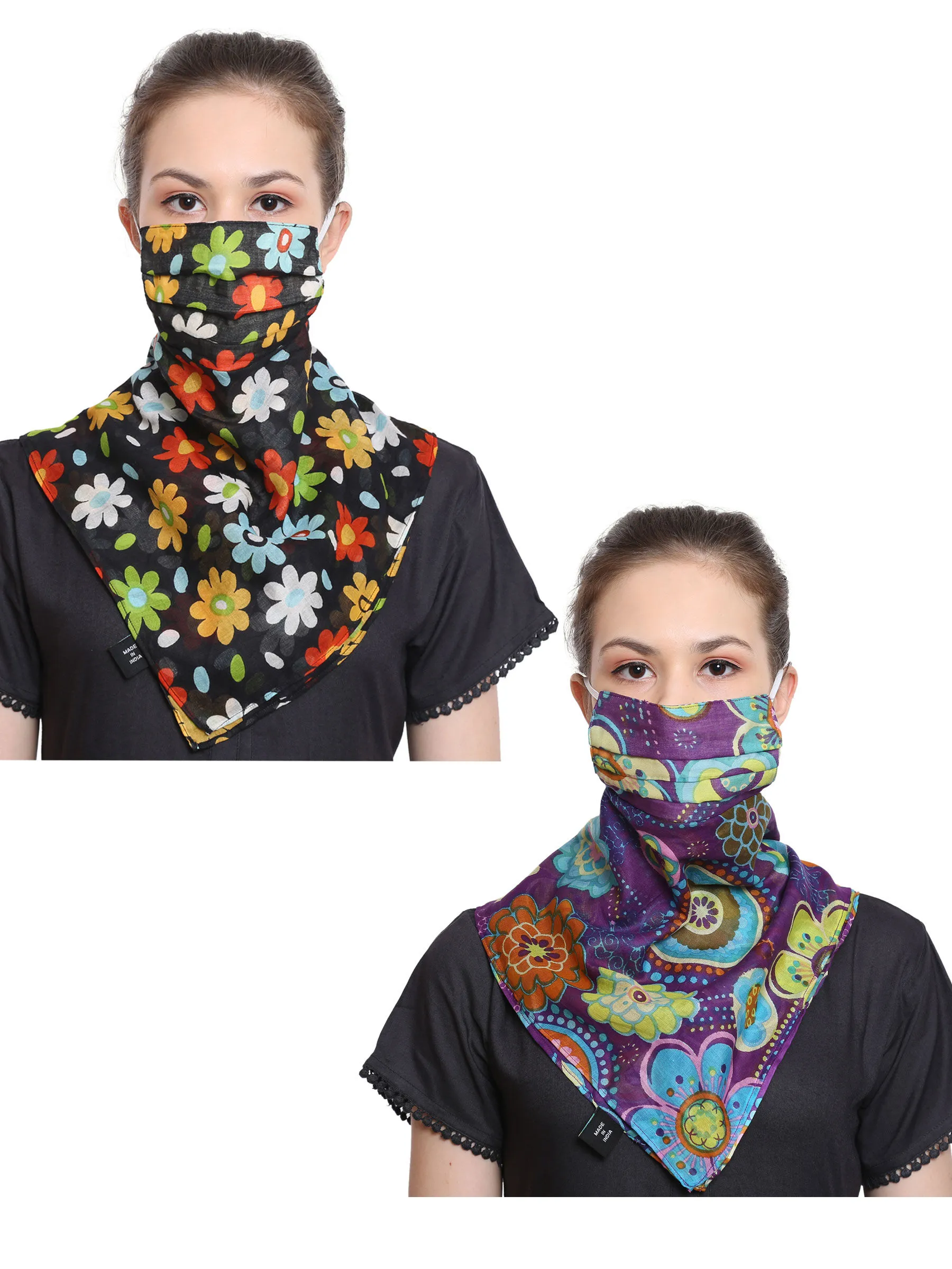 Anekaant Multicolor 3-Ply Reusable Printed Cotton Scarf Style Fashion Mask (Pack Of 2)