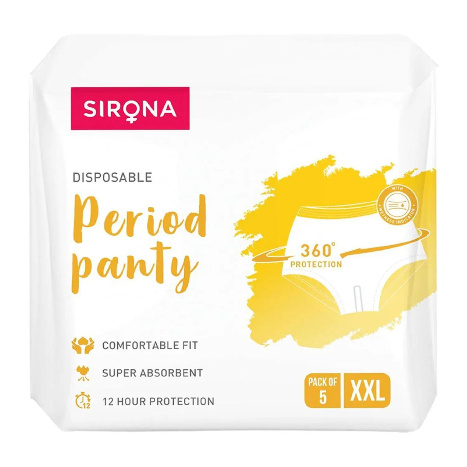 Sirona Disposable Period Panties (XXL) | 360° Protection for 12 hours | No Leakage, No Discomfort | Day & Night Protection | Wetness Indicator | Ultra-Absorbent Core(Pack of 5)