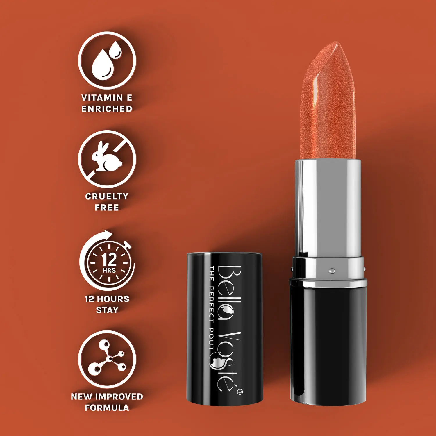 Bella Voste Sheer Creme Lust Lipstick | Metallic Finish | Cruelty Free | Long Lasting Improved Formula | One Stroke Aplication | Highly Pigmented | M06-Empress | 4.2 g