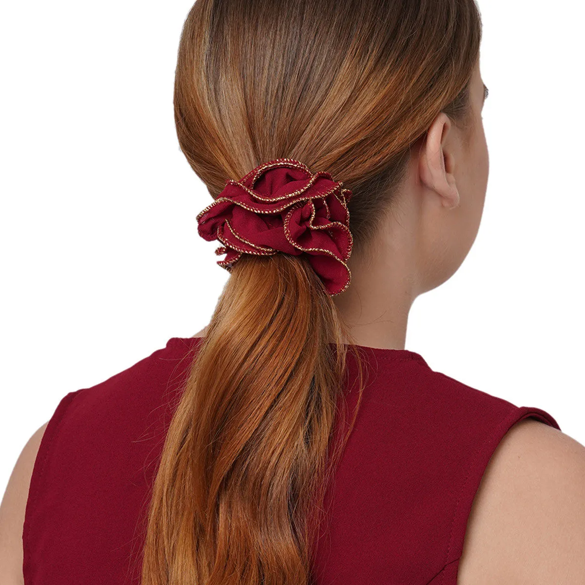 Toniq Maroon Ruffled Elastic Hair Scrunchies For Women