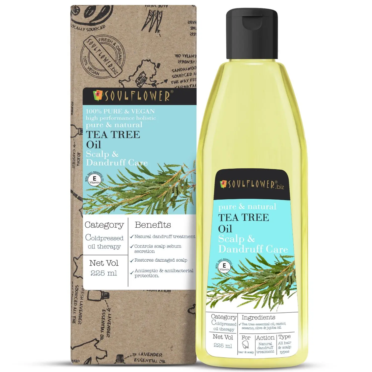 Soulflower Coldpressed Tea Tree Anti Dandruff Hair Oil for removing dandruff, dry flaking, weak & damaged hair, 100% Pure and Natural, Traditional Handmade 225ml