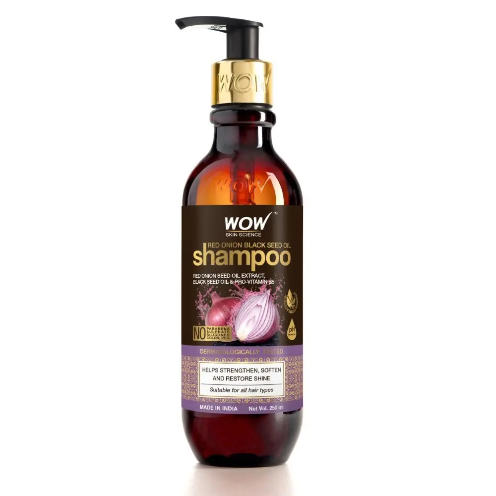 WOW Skin Science Red Onion Black Seed Oil Shampoo With Red Onion Seed Oil Extract, Black Seed Oil & Pro-Vitamin B5 - No Parabens, Sulphates, Silicones, Color & PEG - 250mL