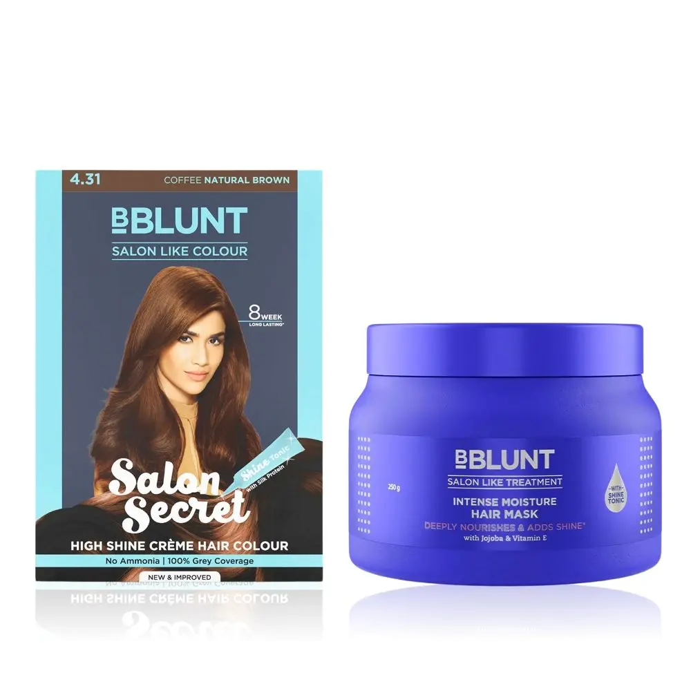 BBlunt Salon Secret High Shine Creme Hair Colour Coffee Natural Brown (152 ml) + Intense Moisture Hair Mask with Jojoba Oil & Vitamin E for Nourished & Shiny Hair - 250 g