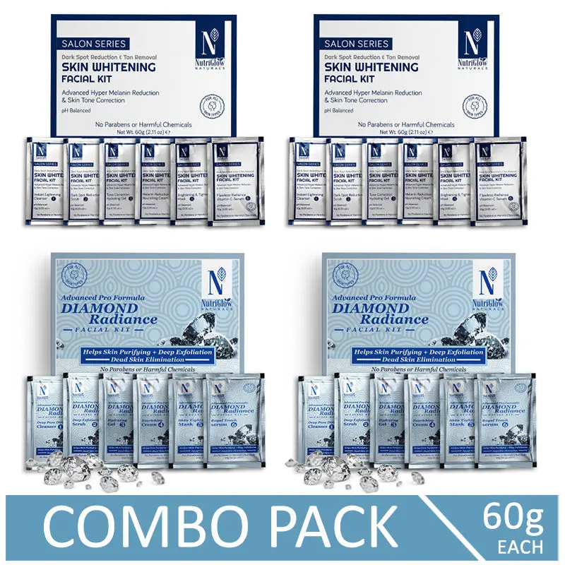 NutriGlow NATURAL'S Advanced Pro Formula Combo Pack of 4 Diamond & Skin Whitening Facial Kit For Brightens Up Dull Skin, 60gm each