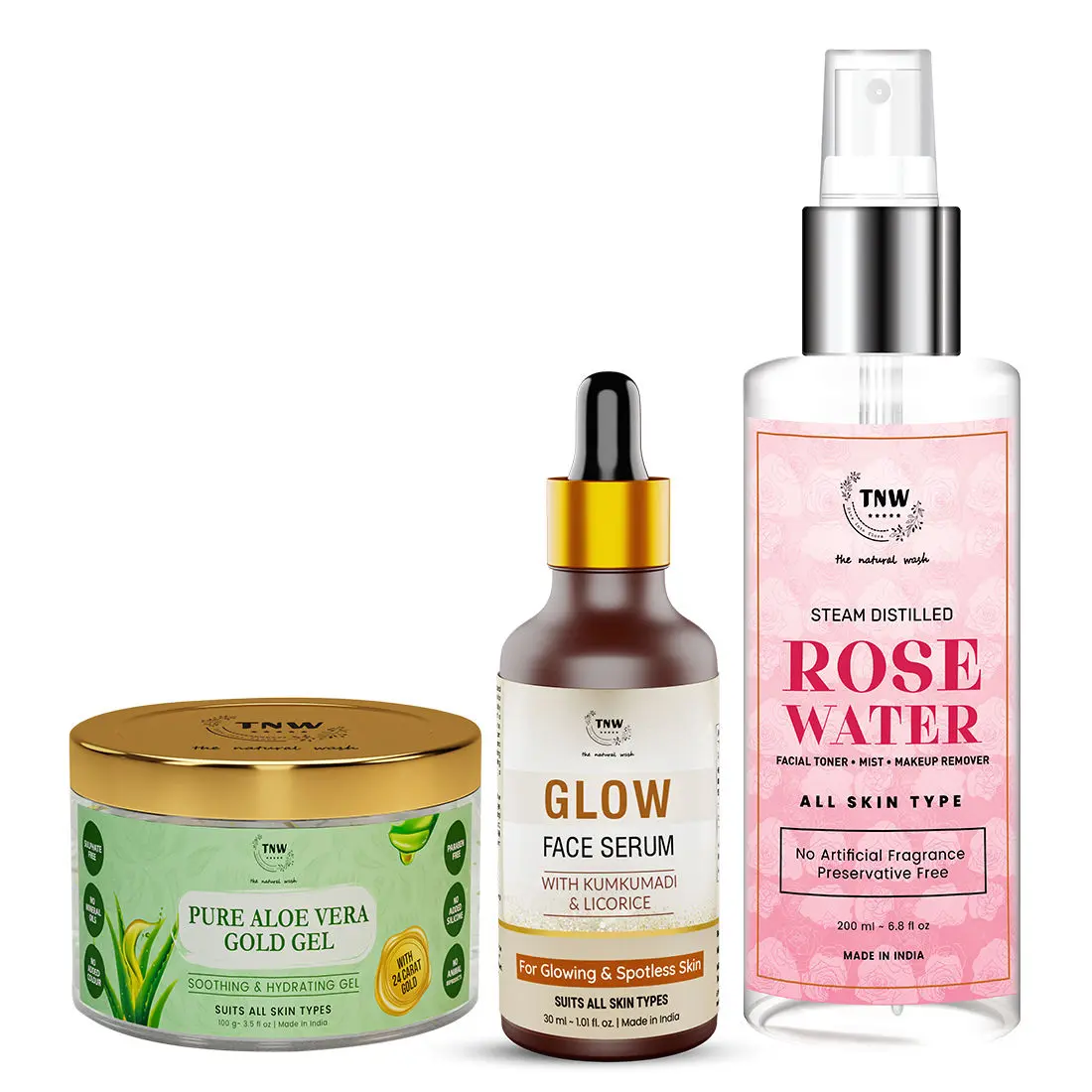 Combo of 3- Pure Aloe Vera Gold Gel 100gm & Rose Water Spray Bottle 200ml & Glow Face Serum 30ml