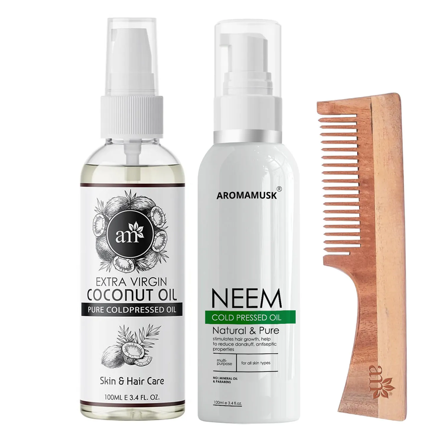 AromaMusk Organic 100% Pure Cold Pressed Coconut Neem Oil & Neem Wood Comb with Handle