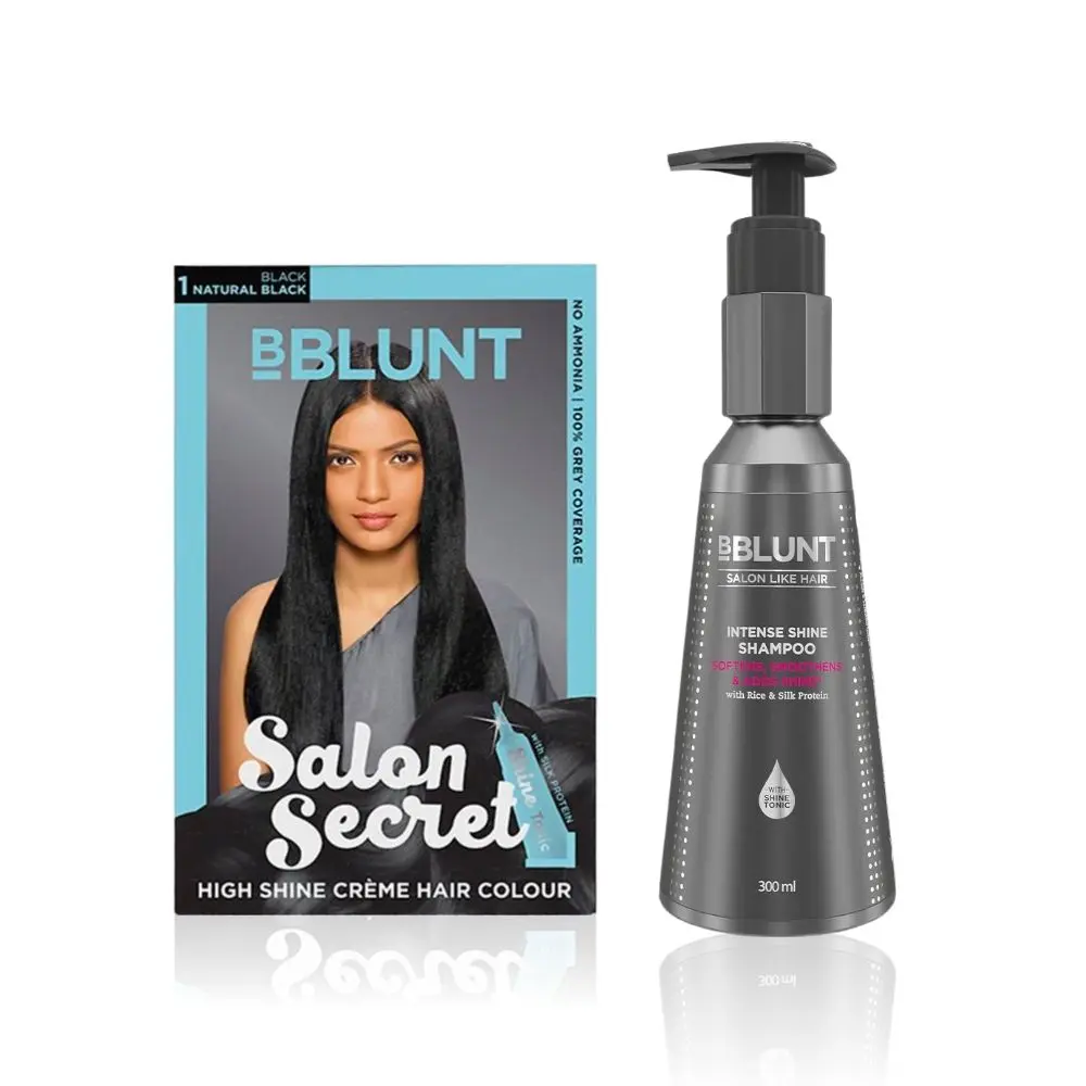 BBLUNT Salon Secret High Shine Creme Hair Colour Natural Black 1 (100 g) With Shine Tonic (8 ml) + BBLUNT Intense Shine Shampoo with Rice & Silk Protein for 23X* Shinier Hair - 300 ml