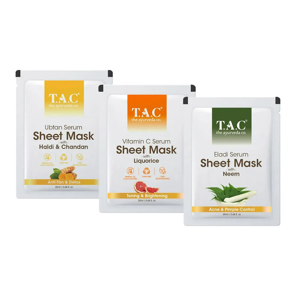 TAC - The Ayurveda Co. Eladi, Vitamin C & Ubtan Serum Sheet Mask - Pack Of 3