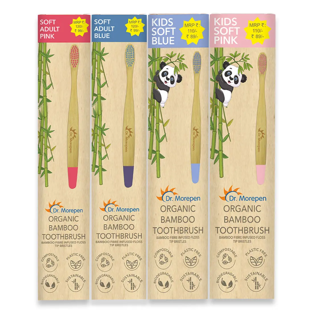 DR. MOREPEN Organic Bamboo Toothbrush Family Pack - 2 Kids & 2 Adults